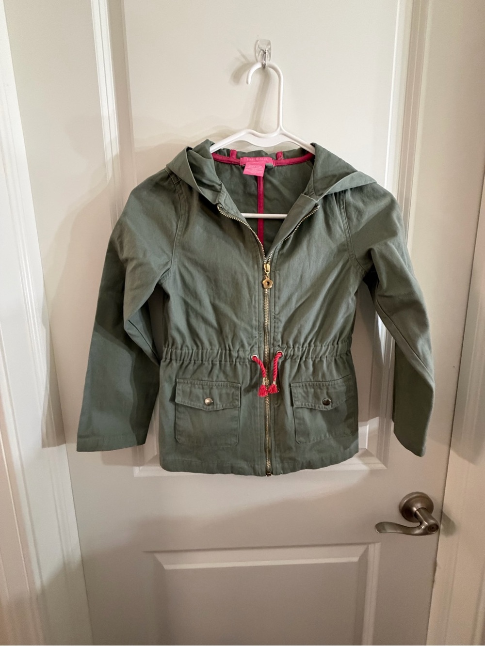 Isaac Mizrahi Olive Green Hooded Raincoat with Pink Trim